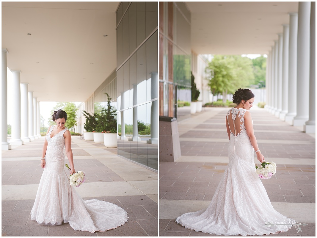 Bridal portraits under the portico at Bellevue Baptist Church