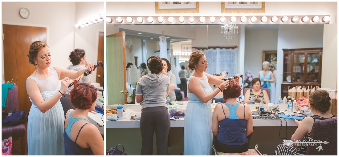 Girls doing their hair in the bride's room at Bellevue Baptist Church