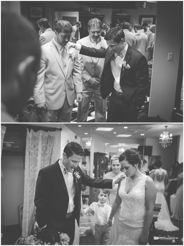 The minister praying with the bride and groom in the bride's room at Bellevue Baptist Church