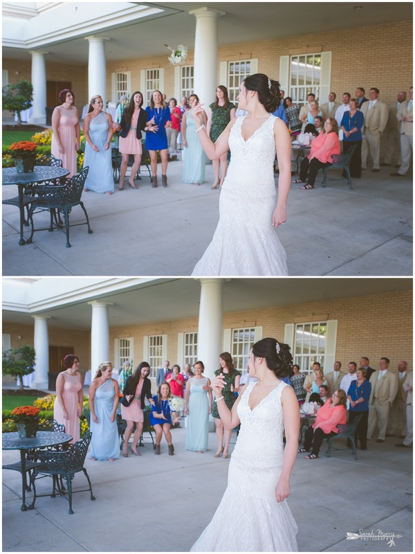Bouquet toss in the courtyard at Bellevue Baptist Church