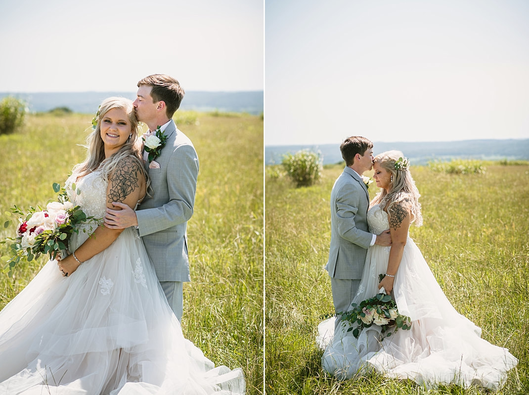 bride and groom wedding photos on love mountain at the wedding barn in arkansas