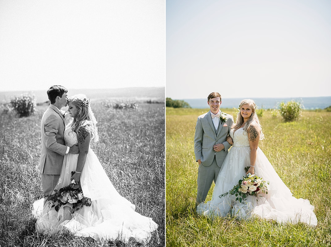bride and groom wedding photos on love mountain at the wedding barn in arkansas