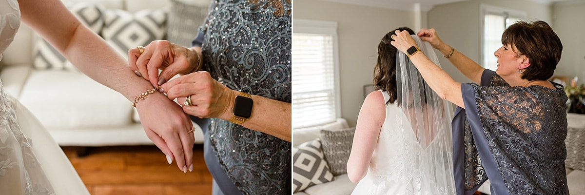 Mother of the Bride helping bride get dressed at Avon Acres