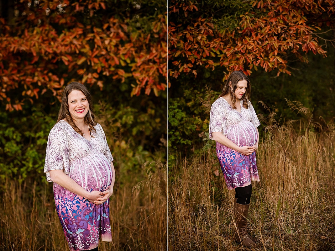 fall maternity photos at Hinton Park in Collierville, TN during golden hour