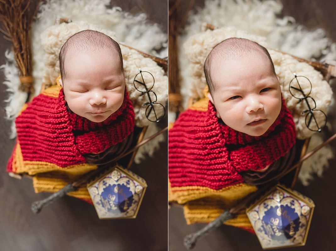 newborn baby boy dressed up as Harry Potter during newborn photo shoot in Memphis, TN