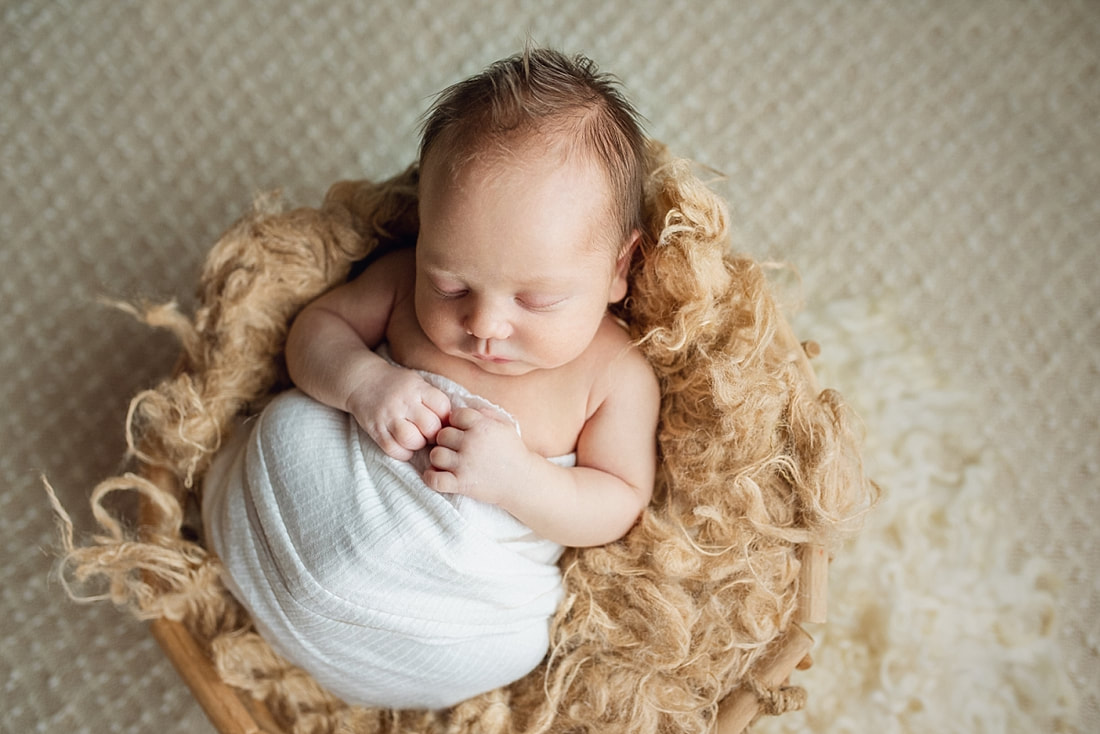 Baby boy posed in a basket during newborn photos with Sarah Morris Photography in Collierville, TN