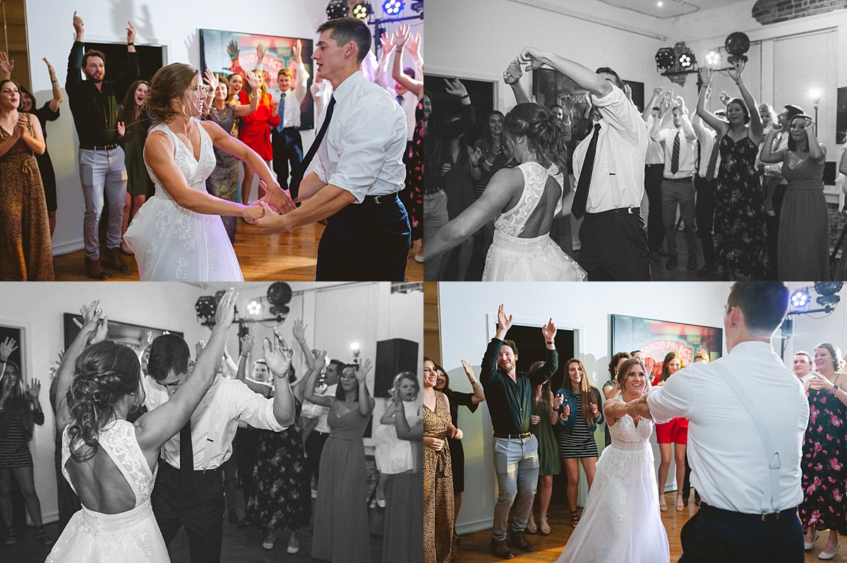 bride and groom dancing in a circle of wedding guests at the robinson gallery downtown memphis
