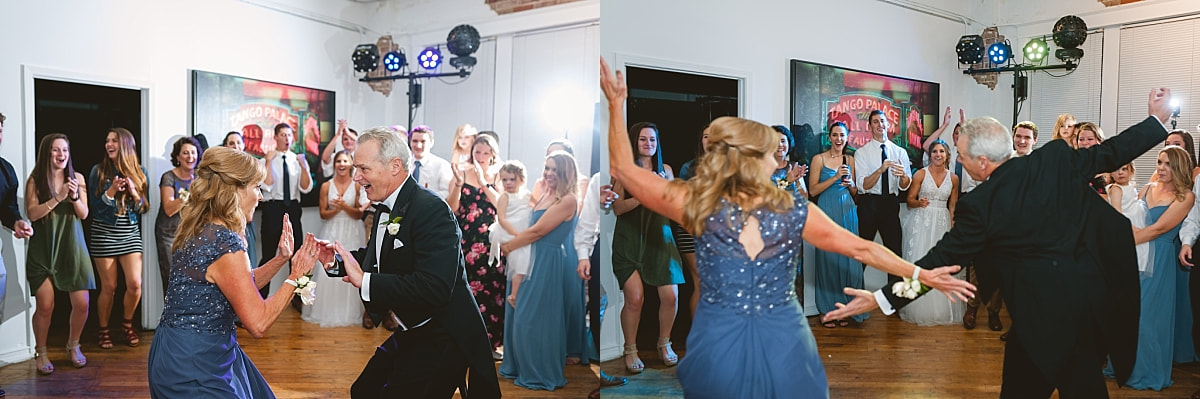 bride's parents dancing at wedding reception at the robinson gallery downtown memphis