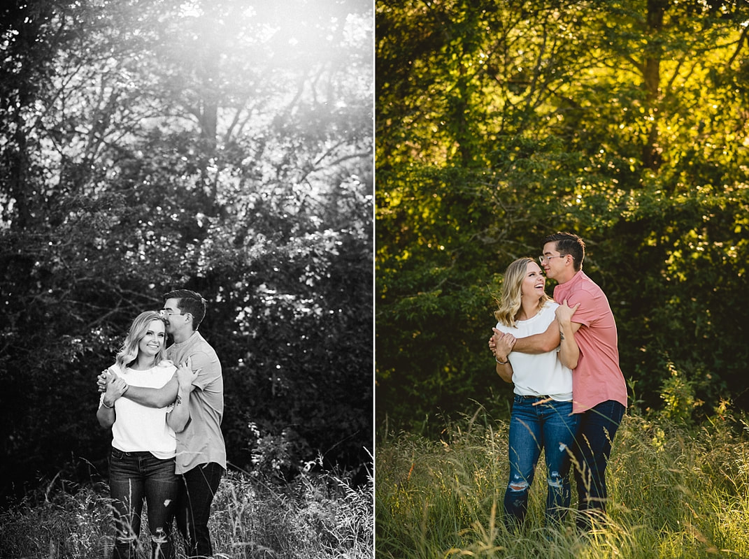 couple posing for engagement photos at shelby farms park in memphis, tn