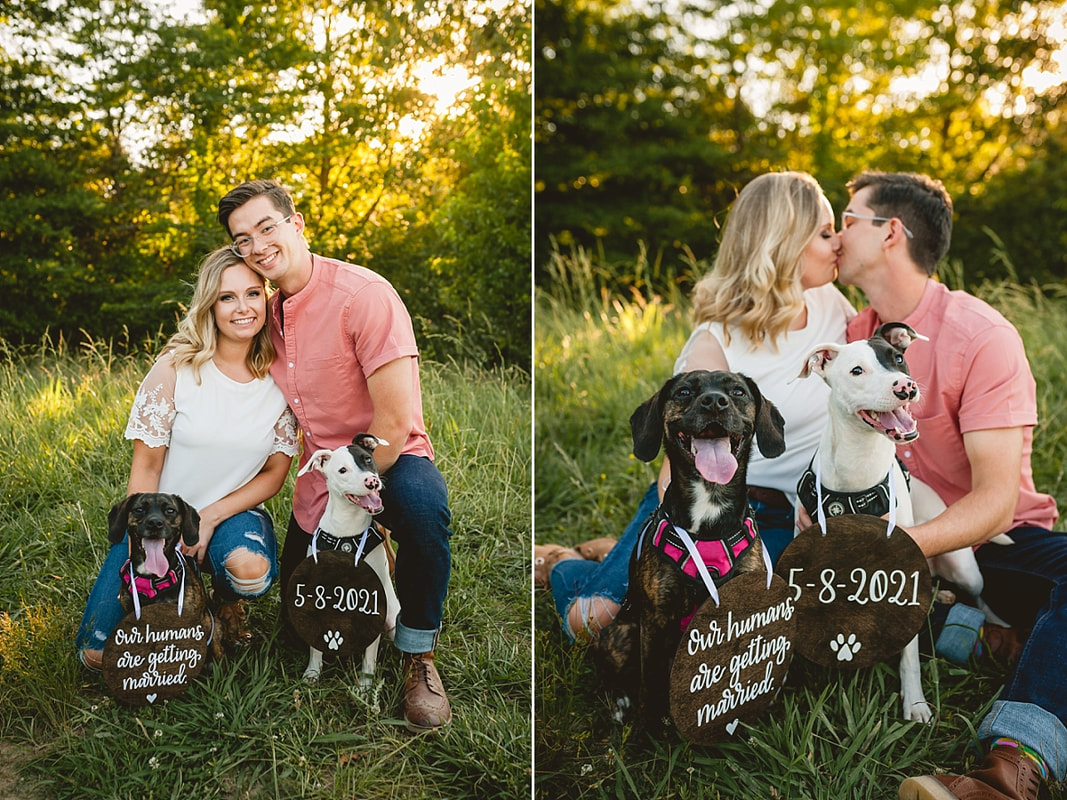 couple posing with their dogs for engagement photos at shelby farms park in memphis, tn