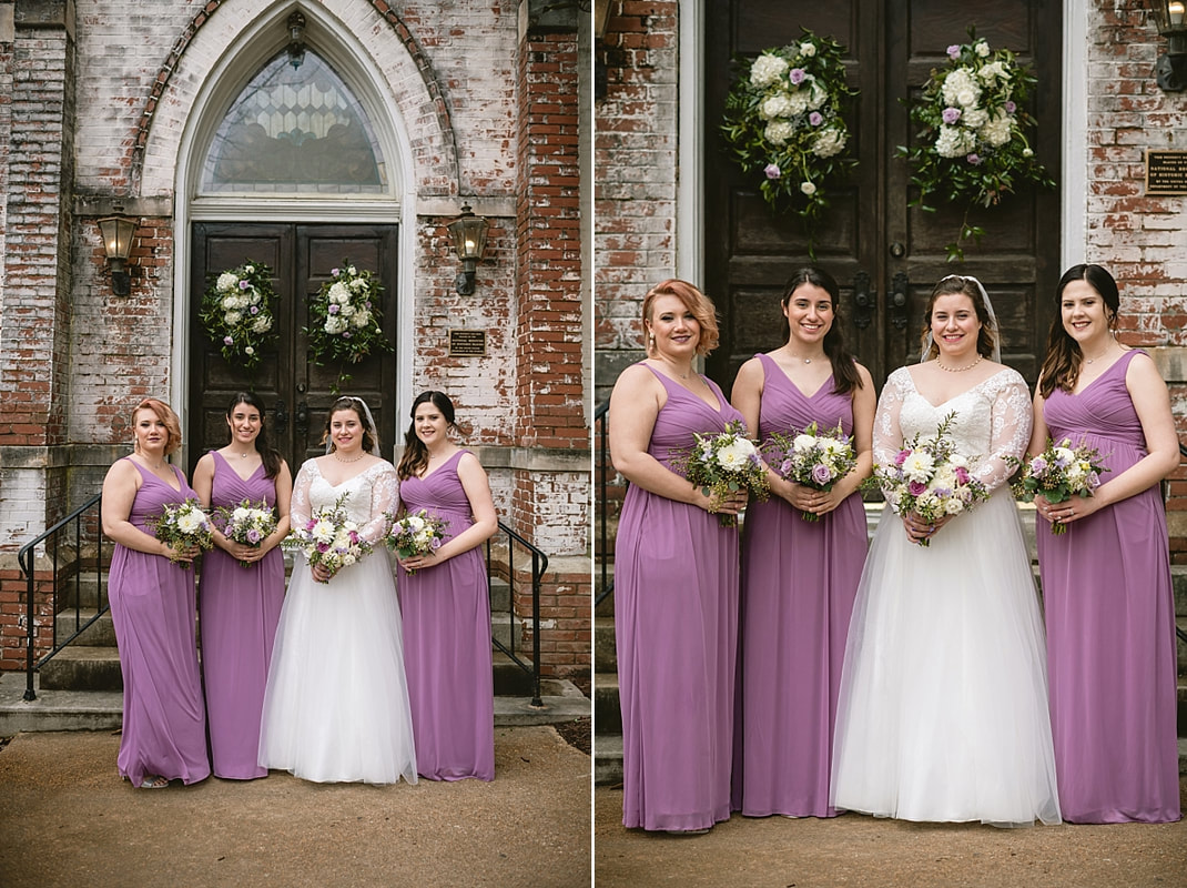 Bridal party portraits outside of Fillmore street Chapel, Corinth, MS
