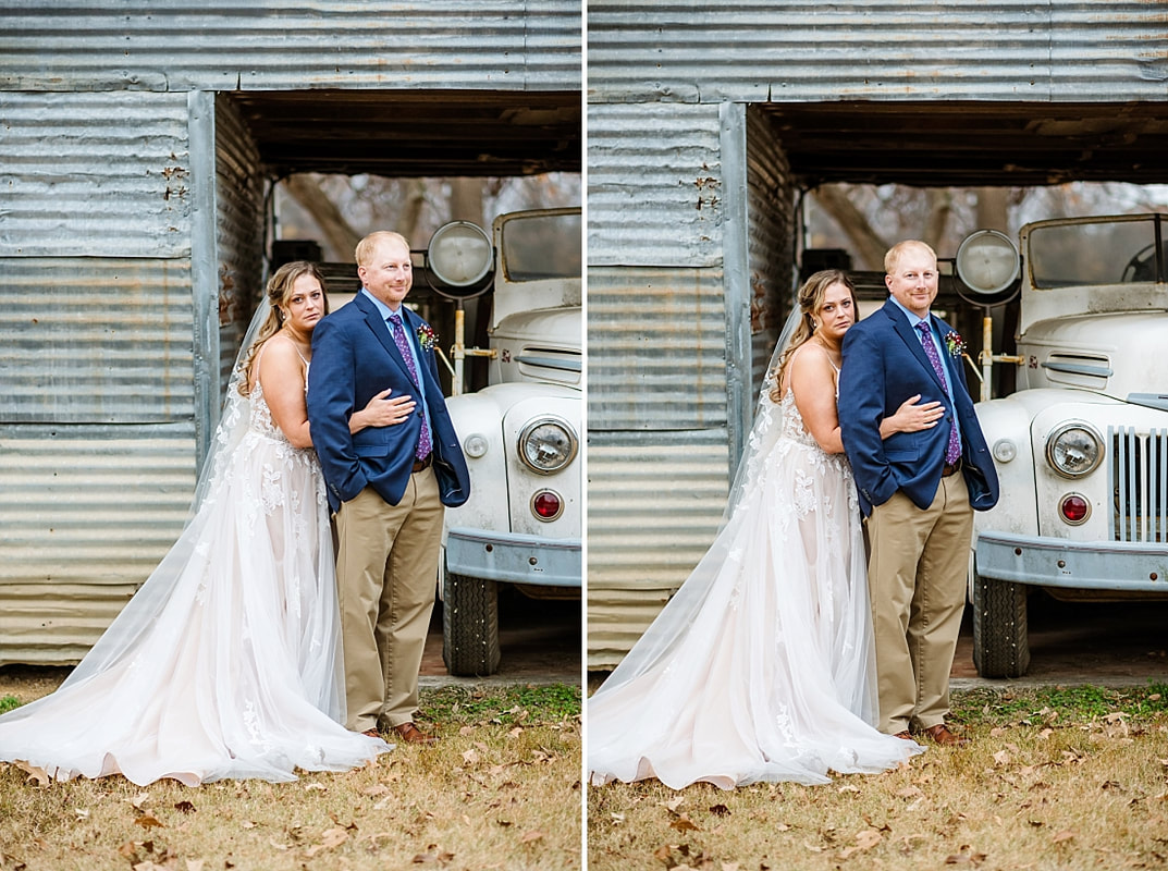 Bride and groom wedding photos in front of an old antique ford truck at Green Frog Farm