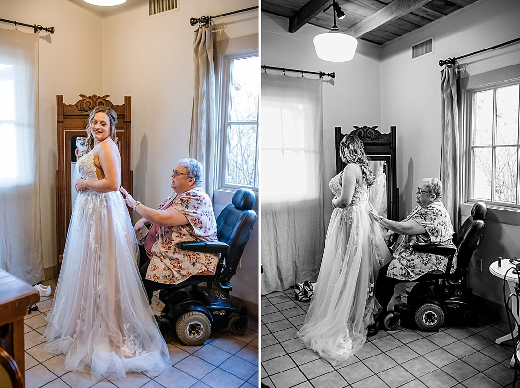 bride's mother helping bride into her wedding dress at Green Frog Farm