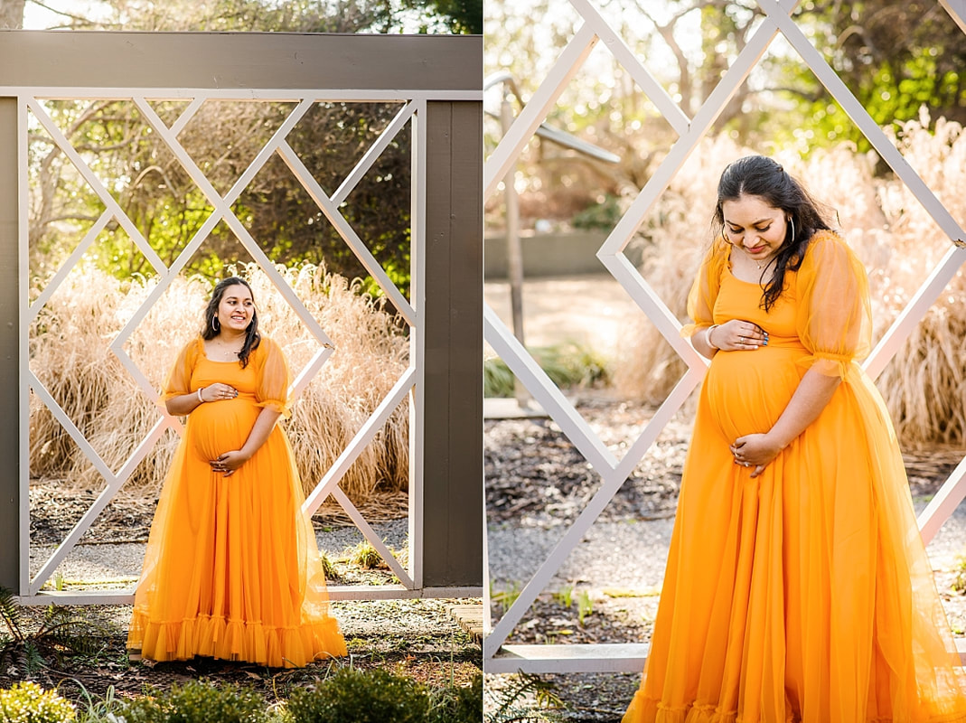 pregnant mother wearing indian dress for maternity portraits at memphis botanic garden