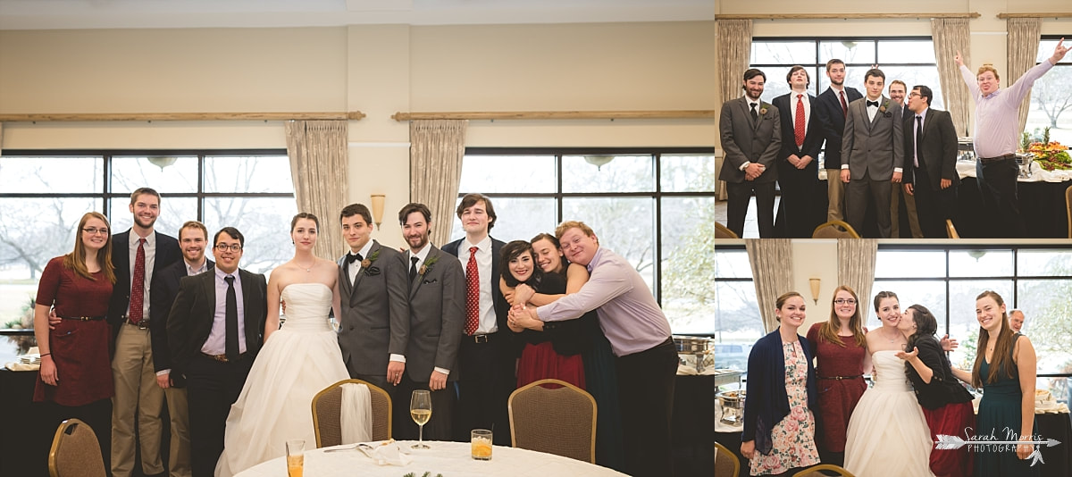 bride and groom with their friends at their wedding reception at memphis botanic garden