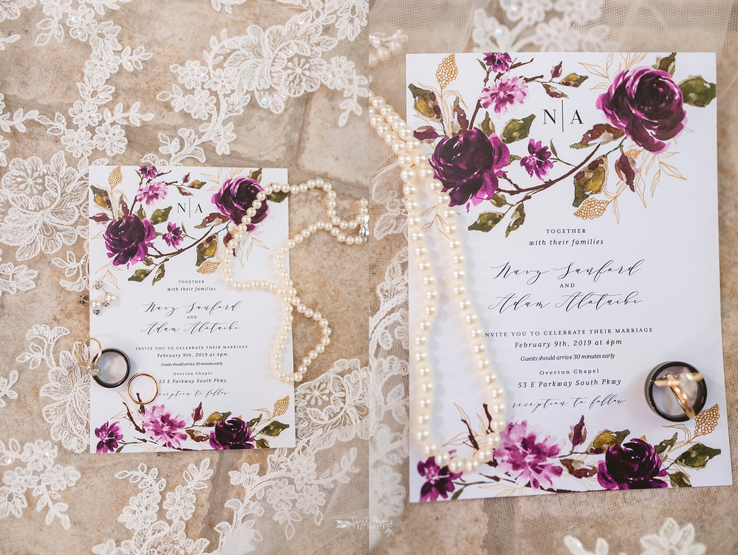 wedding details, wedding veil, wedding invitation, wedding rings at Overton Chapel, Memphis Wedding Photographer