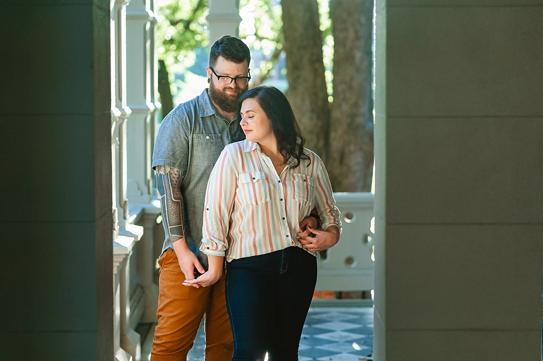 engagement photos on the front porch at Woodruff-Fontaine house in Memphis