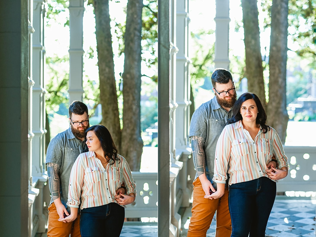 engagement photos on the front porch at Woodruff-Fontaine house in Memphis