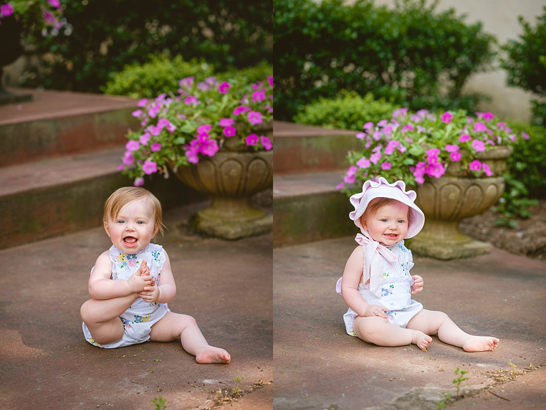 baby girl's first birthday portrait in monogrammed bubble on the front porch during in home lifestyle family session in collierville, tn
