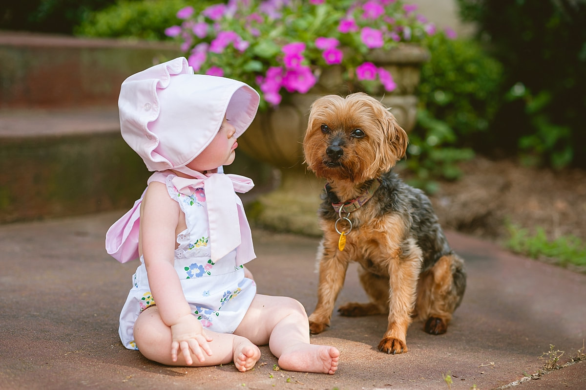 baby girl's first birthday portrait, wearing a monogrammed bubble and Beaufort bonnet on the front porch during in home lifestyle family session in collierville, tn