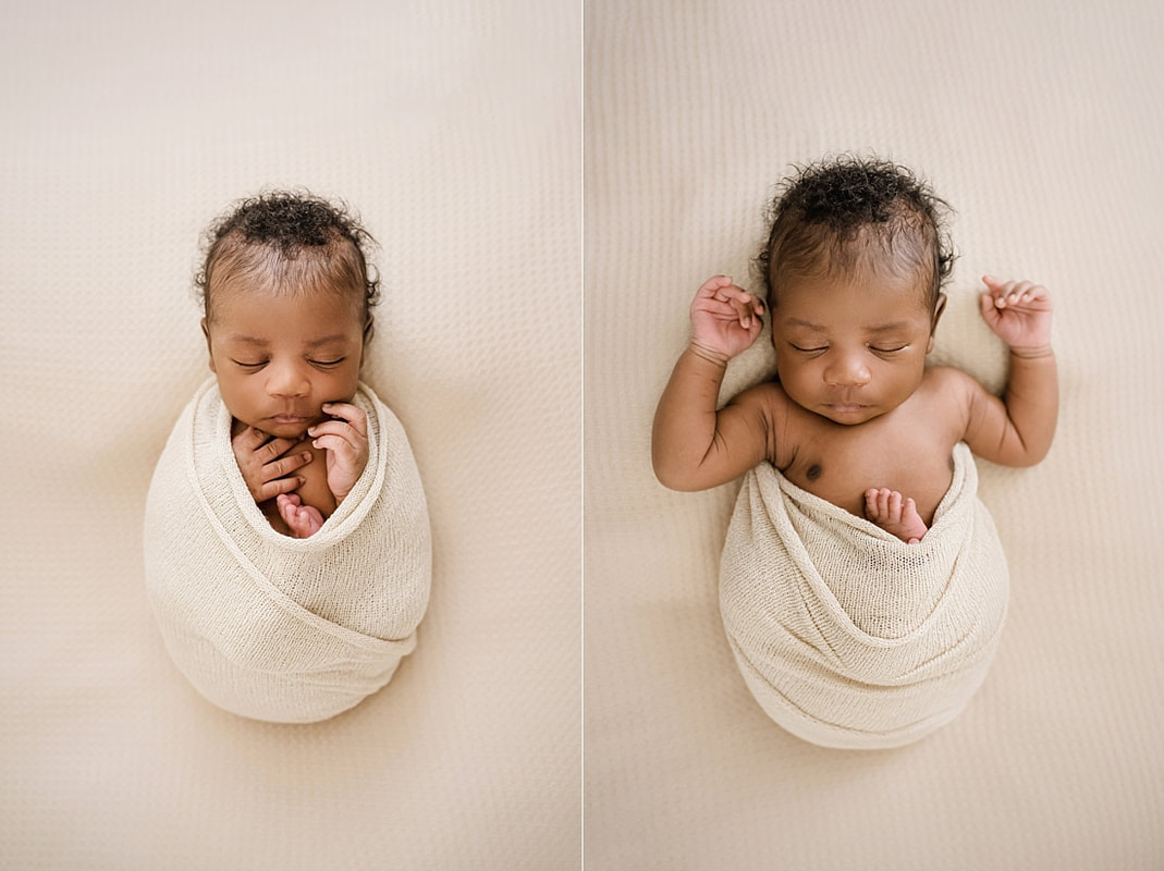 newborn baby wrapped in tan for newborn session in Memphis, TN