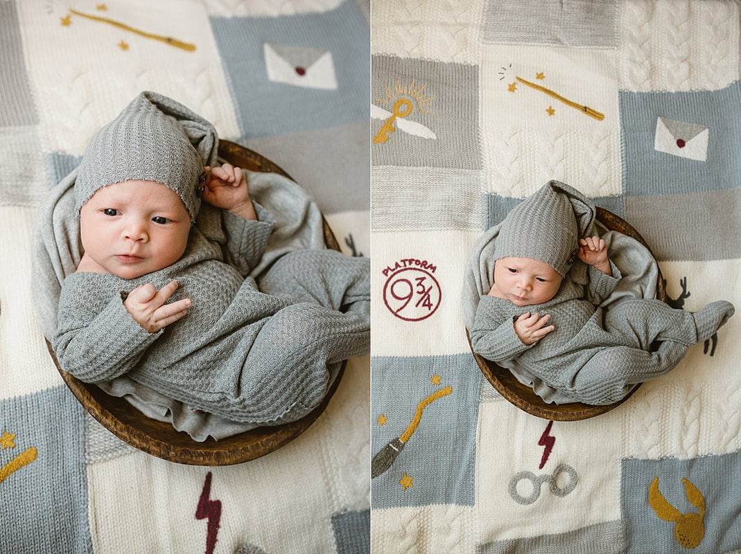 newborn on Harry Potter blanket for newborn photos in Memphis, TN