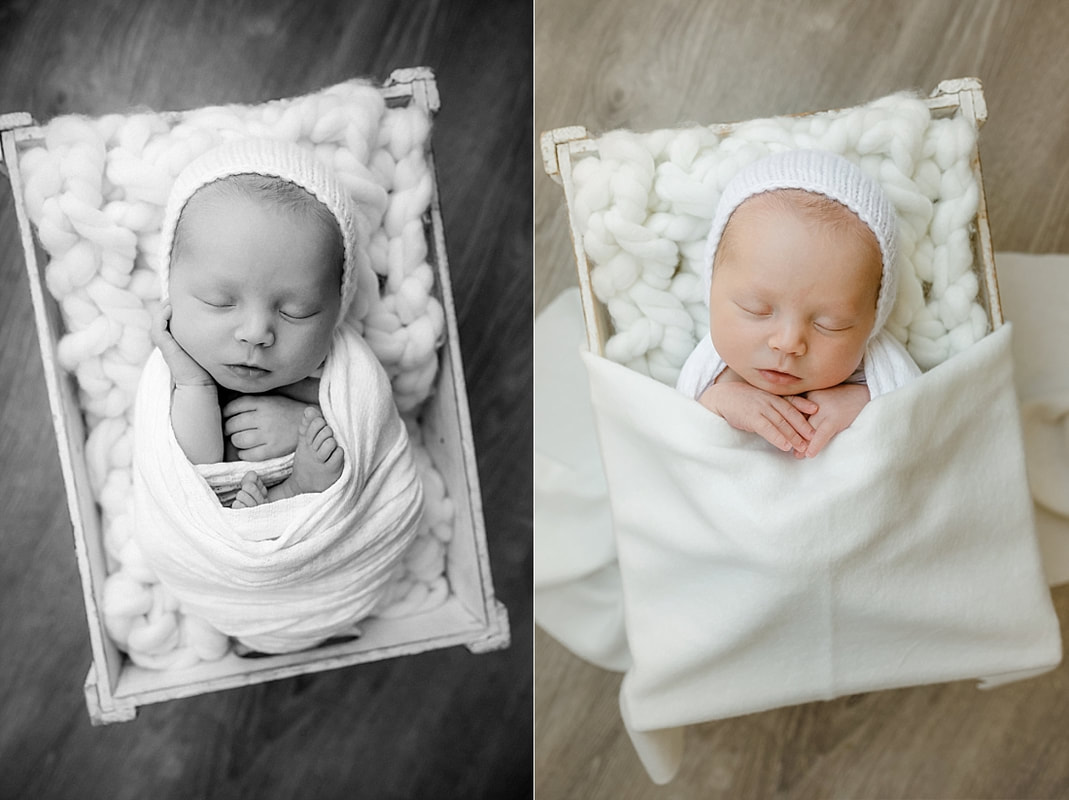 baby girl swaddled in white blanket, sleeping in basket for newborn photos in Memphis, TN