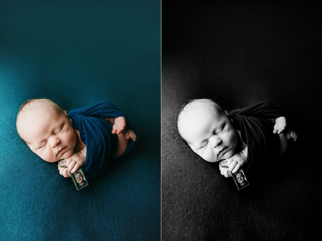 Newborn baby boy swaddled in blue blanket for newborn portrait in Memphis, TN