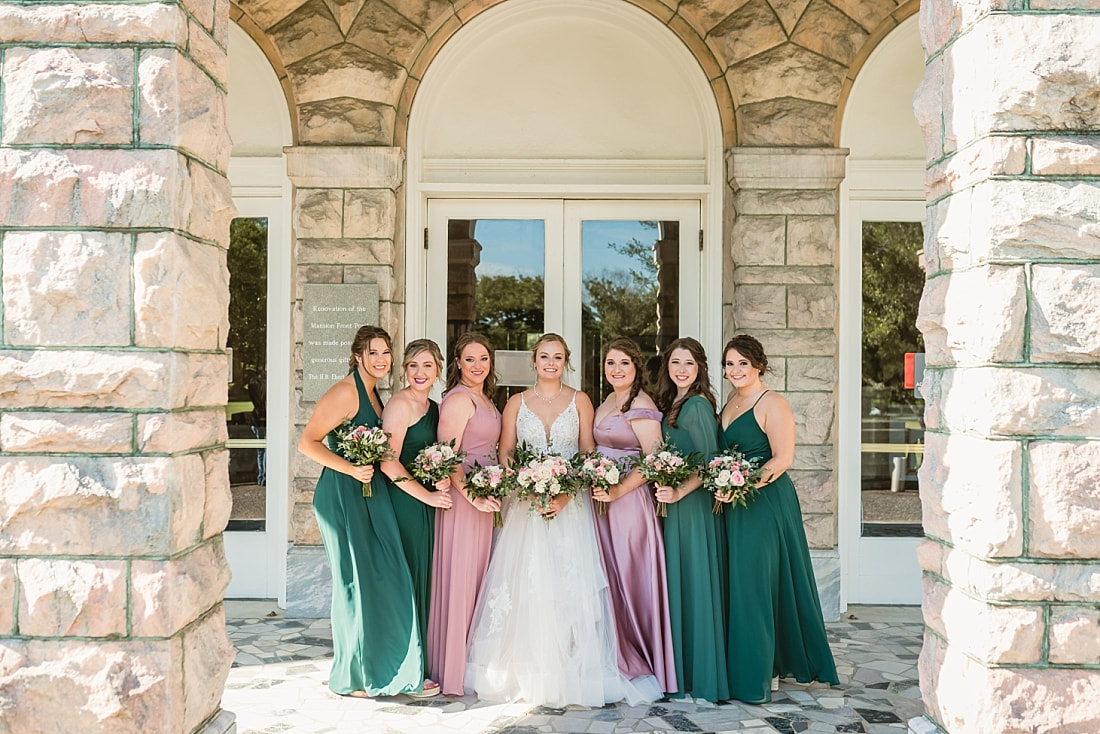 bride with bridesmaids + Pink Palace Wedding + Memphis, TN