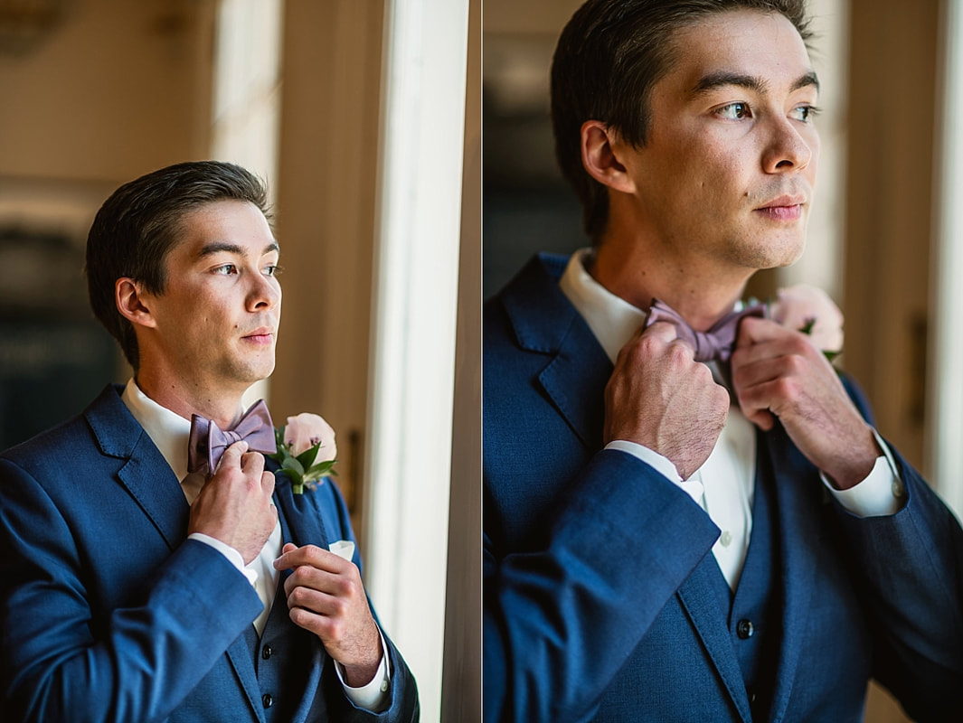 groom adjusting bowtie + Pink Palace Wedding + Memphis, TN