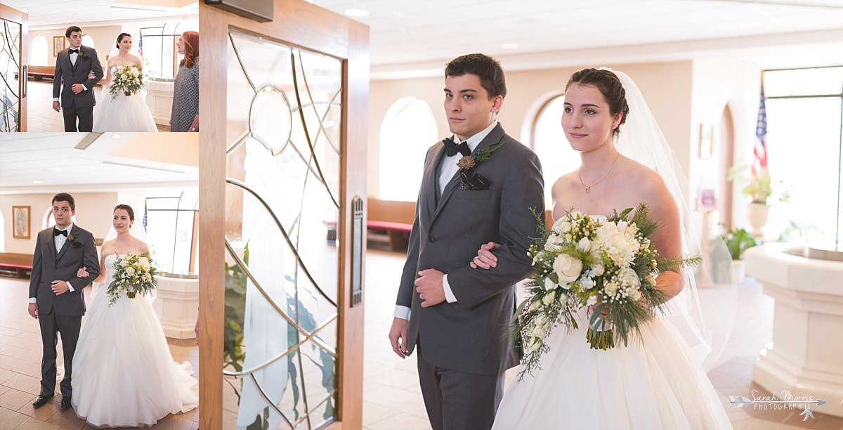 bride and groom walking down the aisle at their wedding at St. Francis of Assisi Catholic Church