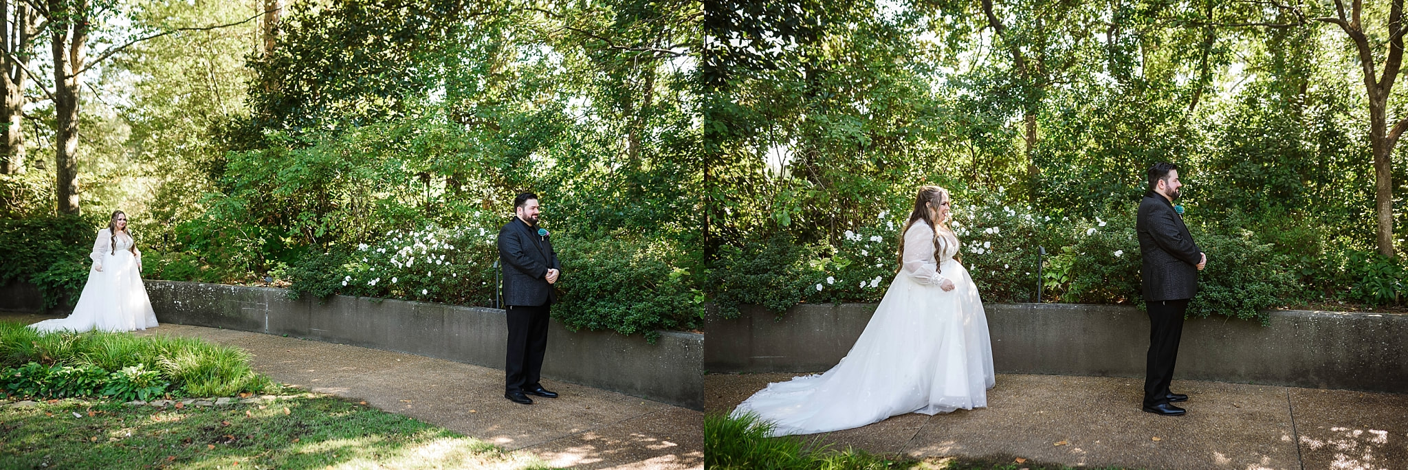 Bride and Groom having their first look at the Memphis Botanic Garden