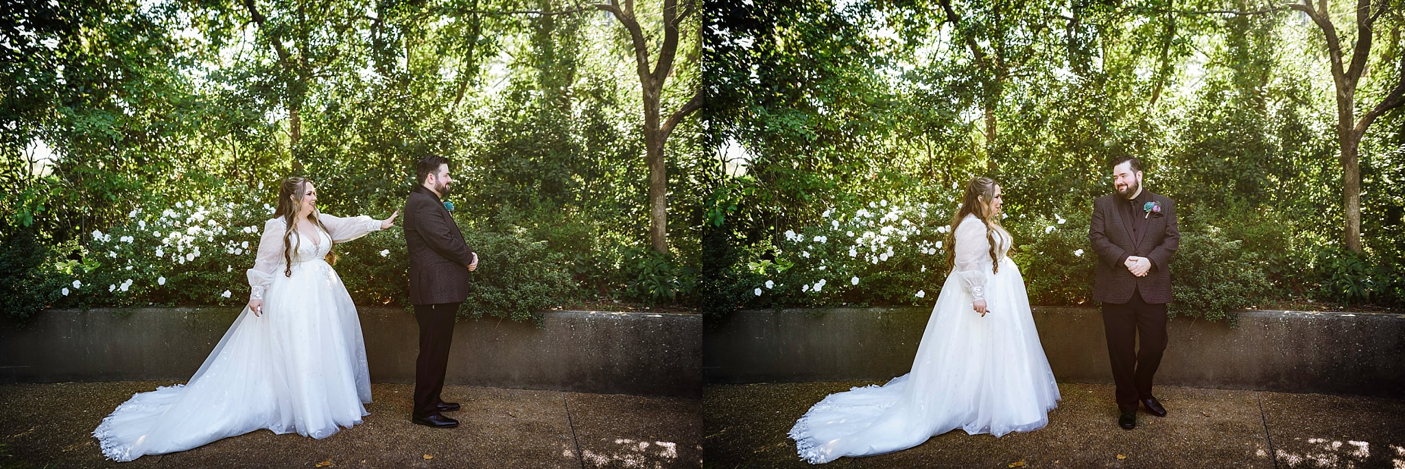 Bride and Groom having their first look at the Memphis Botanic Garden