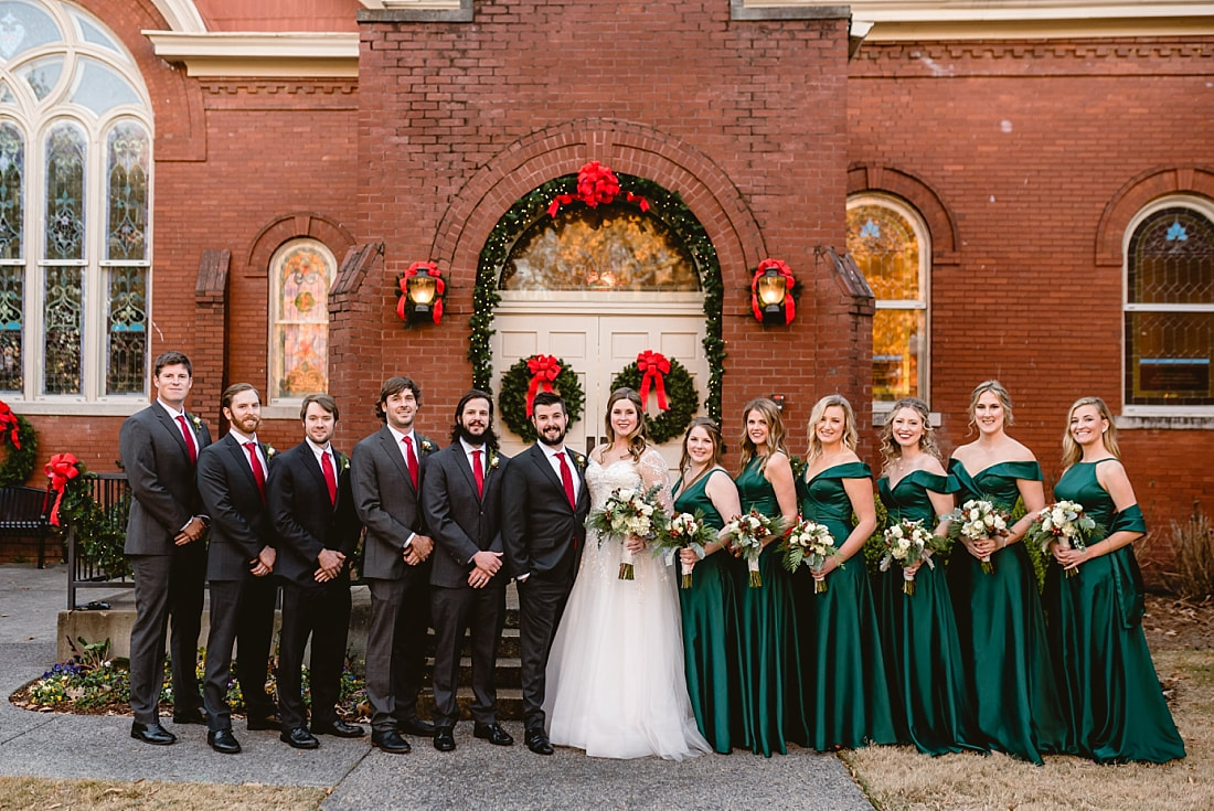 wedding party portraits on Collierville Town Square